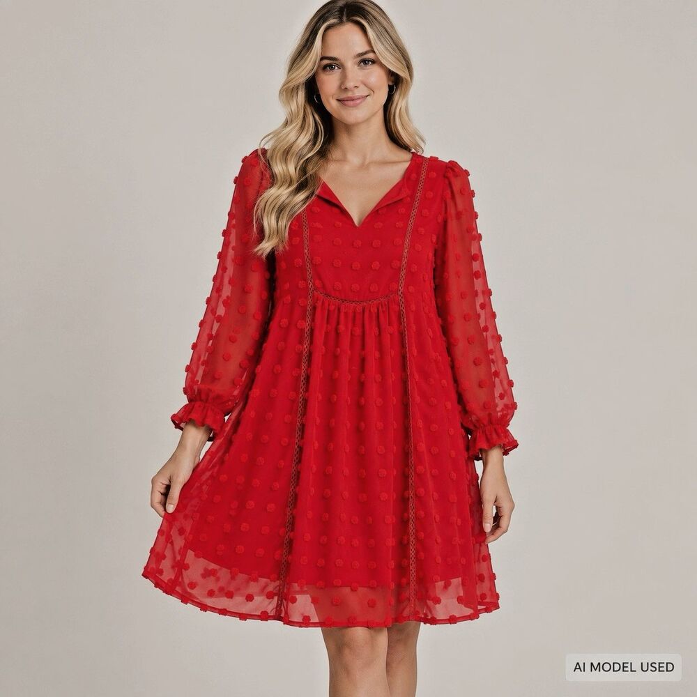 Jodifl Red Polka Dot Chiffon V-Neck Balloon Sleeve A-Line Dress S G7682 S